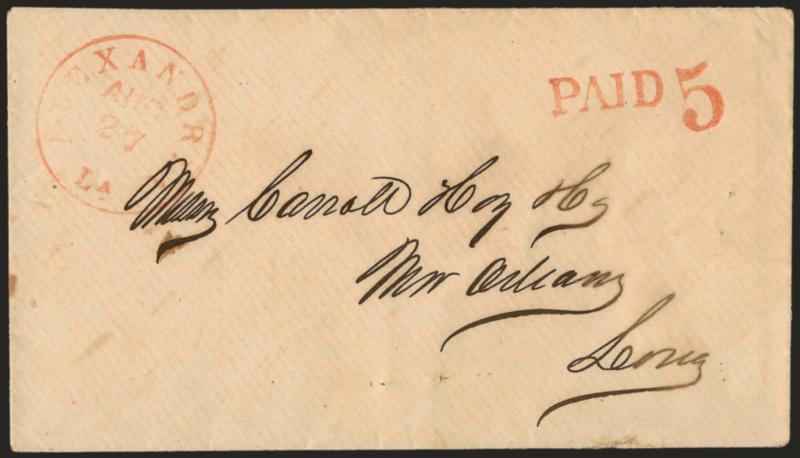 Alexandria La. Aug. 27 (1861).> Circular datestamp and Paid 5 in <red> on cover to Carroll Hoy & Co. in New Orleans, usual pinholes, Very Fine