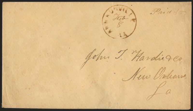Arnaudville La. Feb. 8.> Brownish circular datestamp with date and Paid 5 in ms. on cover to New Orleans, Very Fine, scarce