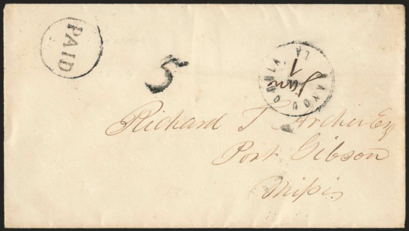 Bayou Goula La. Jan. 7.> Circular datestamp with date in ms., Paid in circle and 5 rate on cover to Port Gibson Miss., Very Fine