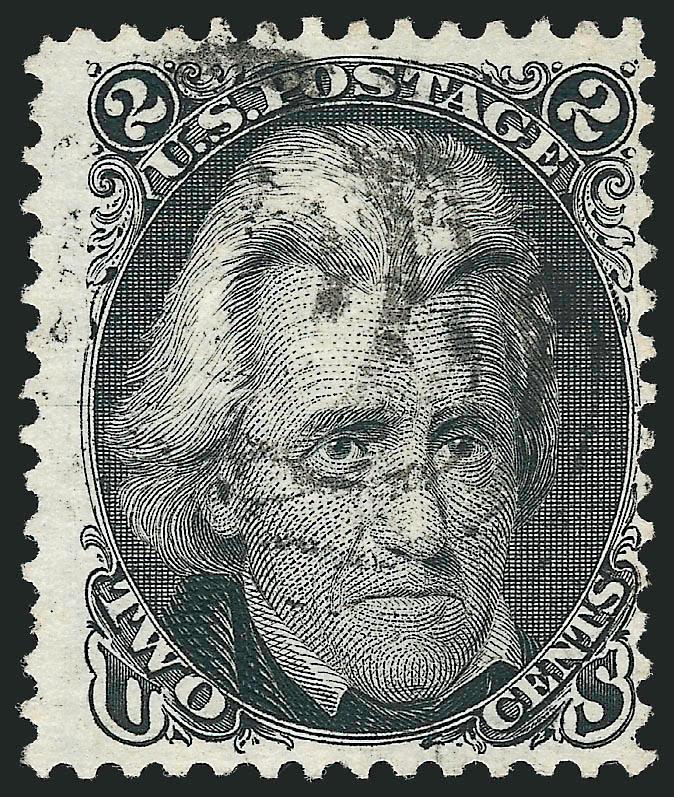 2c Black, Re-Issue (103).> Centered to right, perfs virtually clear design, light target cancel, corner crease bottom right and trivial nibbed perf at left<><>^FINE APPEARANCE. A RARE USED 2-CENT BLACK JACK
RE-ISSUE. ONLY A DOZEN OR SO USED EXAMPLE