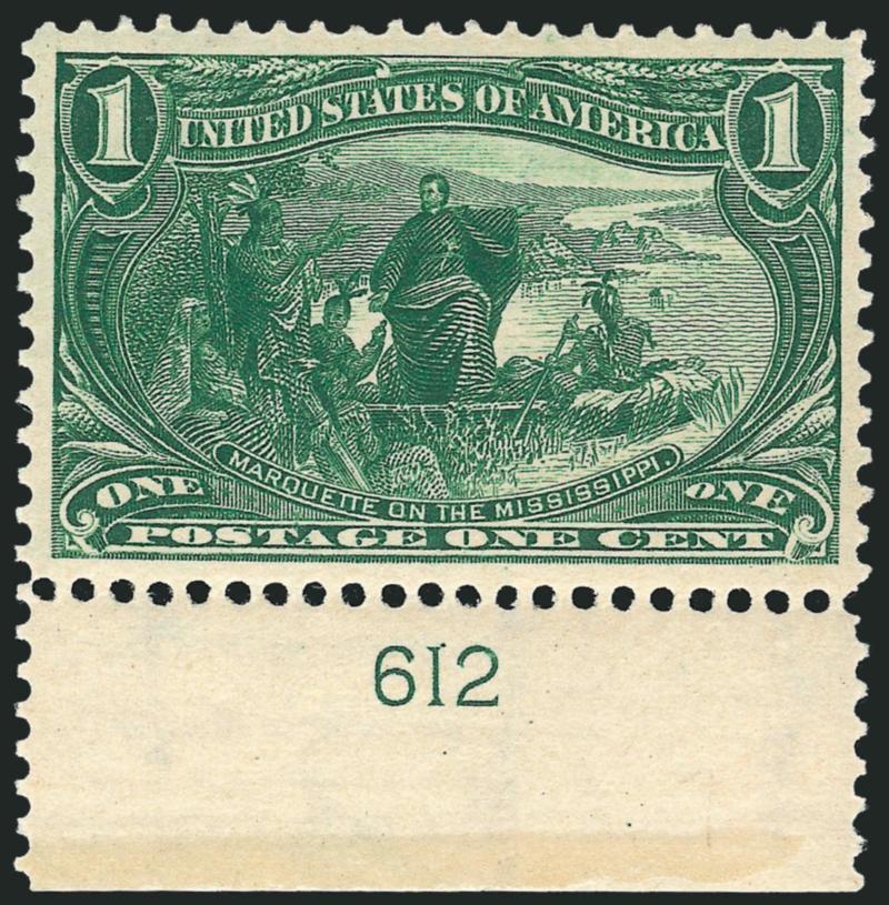 1c Trans-Mississippi (285).> Mint N.H. with plate no. 612 selvage at bottom, lovely margins and almost perfect centering, rich color with wonderful impression on crisp paper, Extremely Fine Gem, with 2008
P.S.E. certificate (XF-Superb 95 SMQ $1,050.
