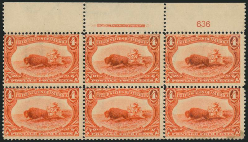 4c Trans-Mississippi (287).> Top imprint and plate no. 636 block of six, original gum, some slight gum disturbance, small separation and slight oxidation, bottom right stamp stain in bottom right corner,
otherwise Very Good-Fine
