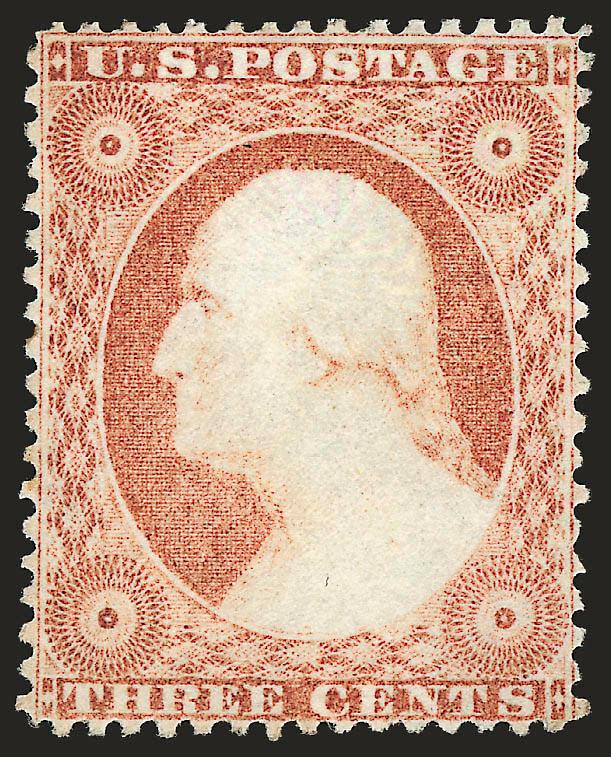 3c Rose, Ty. I (25).> Original gum, unusually choice centering for this difficult issue<><>^EXTREMELY FINE. THE 3-CENT TYPE I 1857 ISSUE IS A PARTICULARLY DIFFICULT STAMP TO FIND WITH ORIGINAL GUM AND SUPERIOR
CENTERING.^<><>With 1991 P.F. certif