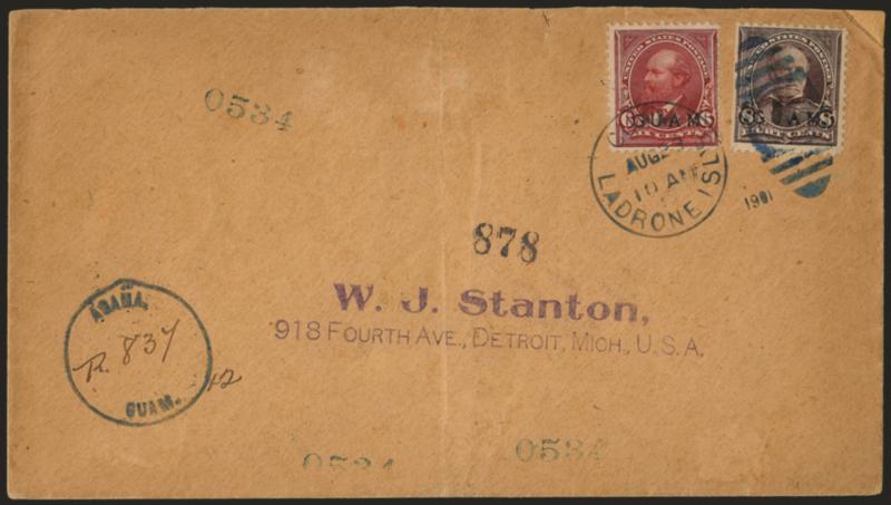 1899, 6c Lake, 8c Violet Brown (6-7).> 8c s.e., tied by blue Ladrone Isls Guam Aug. 23, 1901 duplex datestamp on registered cover to Detroit matching Agana, Guam. registry circle, purple handstamped address,
backstamped Mil. Sta. No.1 Manila, Sa