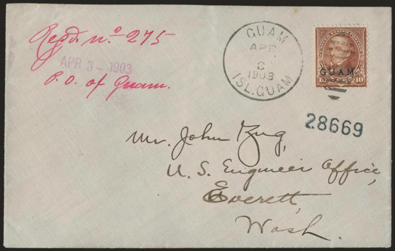 1899, 10c Brown, Ty. I (8).> Two single rate (2c postage + 8c registry fee) covers from the Zug correspondence, both tied by Guam Isl. Guam duplex datestamps, one dated Apr. 3, 1903, <third day usage,> other
Jun. 13, 1905, appropriately backstamped