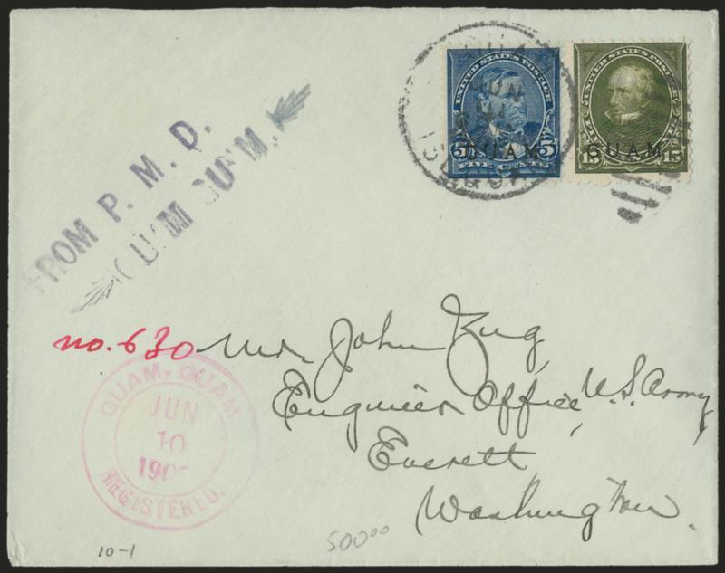 1899, 5c Blue, 15c Olive Green (5, 10).> Tied by Guam Isl. Guam Jun. 10, 1905 duplex datestamp on registered cover from the Zug correspondence, magenta Guam, Guam Registered double-circle, 15c has been removed,
reperfed at right and replaced, Ver