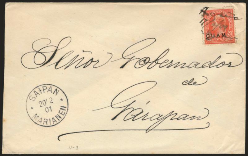 1899, 50c Orange (11).> Deep rich color, on cover to the <German Governor of Mariana Islands at Saipan> and tied by ms. Agana 17201 Guam cancellation, Saipan Marianen 20201 German Post Office receiving
handstamp at bottom left, Fine, most unu