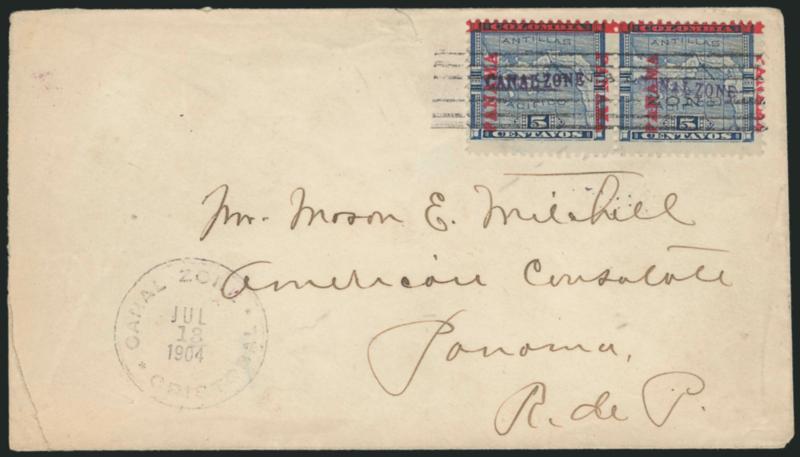 1904, 5c Blue (2).> Horizontal pair, tied by bars cancel, purple Canal Zone, Ancon, Jul. 12 backstamp on cover to the American Consulate, receiving datestamp, slight edgewear, Very Fine, with 1969 A.P.S.
certificate