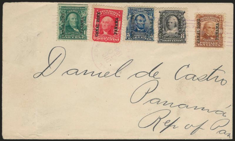 1904, 1c-10c Ovpts. (4-8).> Complete set, 1c natural s.e., tied by magenta Ancon Canal Zone Dic 10 1904 circular datestamp and Canal Zone roller on cover to Panama, backstamped in Panama the same day, light
cover filing crease at left far from stam