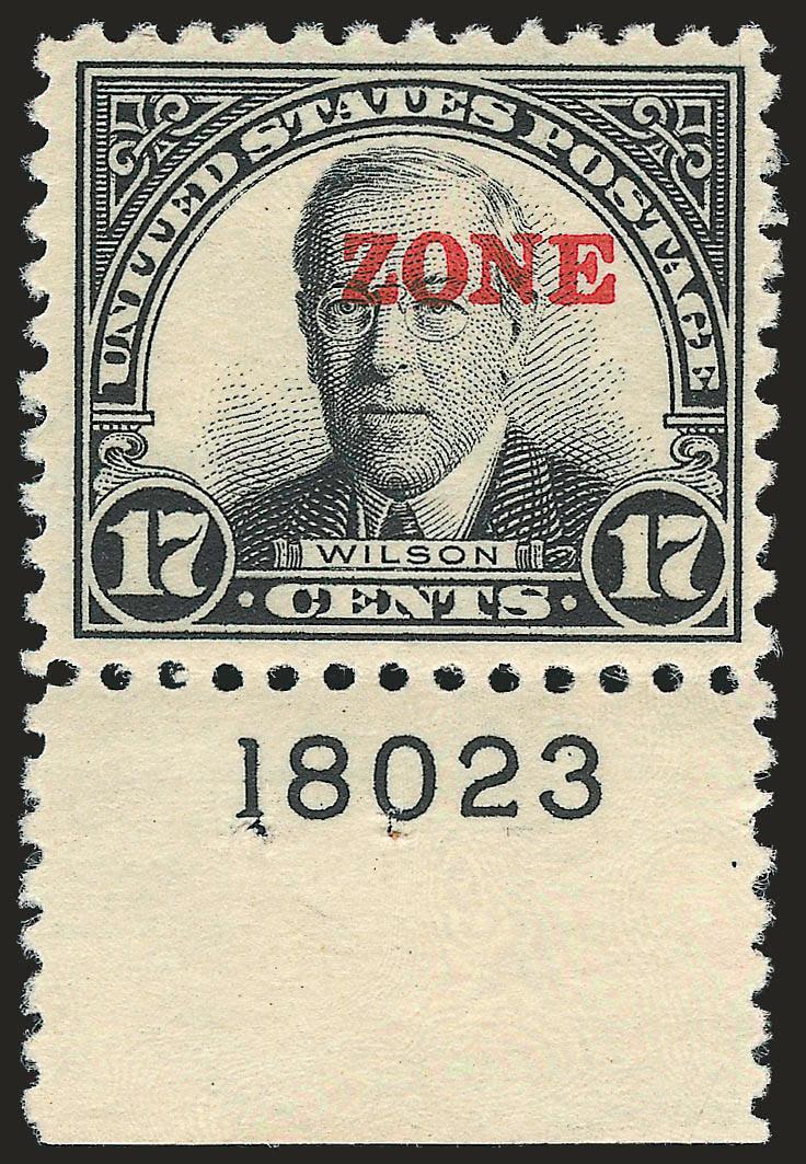 1925, 17c Black, Ty. B Ovpt., Zone Only Error (91a).> Mint N.H. with bottom plate no. 18023 selvage, Very Fine and choice, with only 20 printed this is <one of only two possible plate number singles and unique
for this plate,> the other plate num