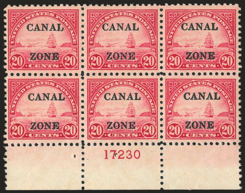 1925, 20c Carmine Rose, 30c Olive Brown, Ty. B Ovpts. (92-93).> Bottom plate no. 17230 and wide left plate no. 17448 blocks of six, handsomely centered, Very Fine-Extremely Fine
