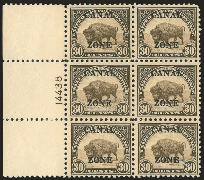 1925, 30c Olive Brown, Ty. B Ovpt. (93).> Mint N.H. wide left plate no. 14438 block of six, deep rich color and attractively centered, Very Fine, Scott Retail as hinged