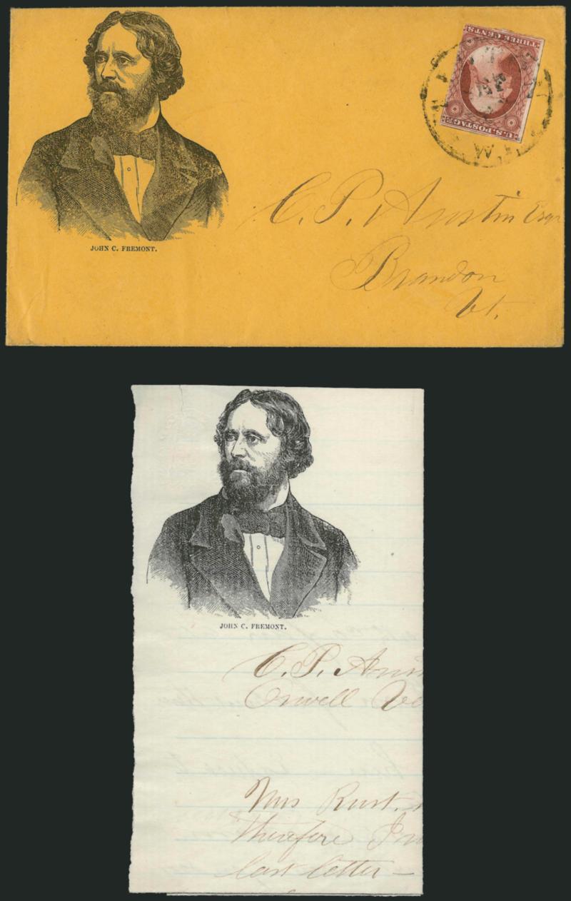 3c Dull Red, Ty. I (11).> Large margins to just in, tied by Milton Wis. Sep. 24 circular datestamp on orange cover to Brandon Vt., with <Fremont large three-quarter portrait and label,> similarly-illustrated
enclosure, Milgram JF-25 (illustrated on