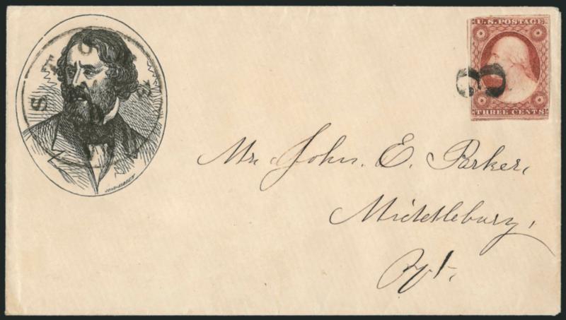 3c Dull Red, Ty. I (11).> Large margins to just in, tied by <3 numeral handstamp,> Stowe Vt. Mar. 9 circular datestamp on cover to Middlebury Vt. with <Fremont three-quarter portrait in oval,> John Andrew
imprint, Milgram JF-36, Very Fine, the da