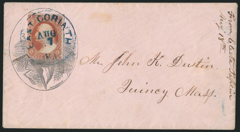 3c Dull Red, Ty. I (11).> Large margins to just in at bottom where separated a bit unevenly, tied by blue East Corinth Vt. Aug. 7 circular datestamp on pink cover to Quincy Mass. with <Fremont three-quarter
portrait in oval,> John Andrew imprint, M