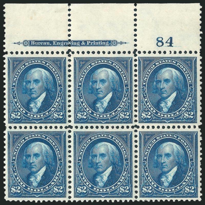$2.00 Dark Blue (277a).> Top imprint and plate no. 84 block of six, original gum, bottom side stamps h.r., tiny hinge slivers are barely noticeable and placed as a preventive measure, rich color, unusually
choice centering throughout<><>^EXTREMELY