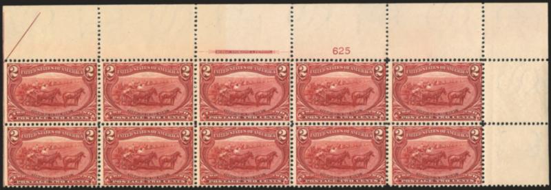 2c Trans-Mississippi (286).> Six imprint and plate no. blocks of ten, plate nos. 625, 649 (top and bottom left), 672, 688 and 695, original gum with three slightly disturbed, some h.r., few flaws, appear Fine,
scarce group