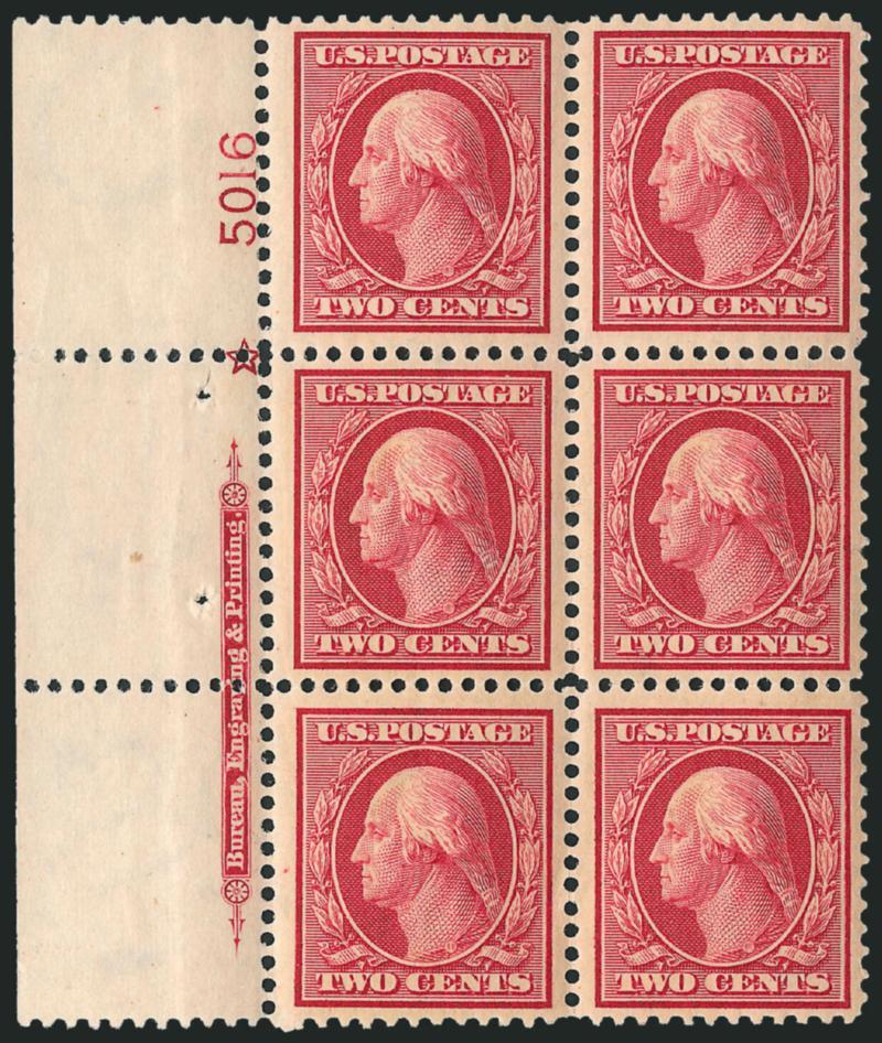 2c Carmine (332).> Ten Mint N.H. imprint, plate no. and star blocks of six, plate nos. 5016, 5050, 5116, 5125, 5129 (of ten), 5155, 5156, 5168, 5185 and 591, rich colors, overall fresh and Fine-Very Fine