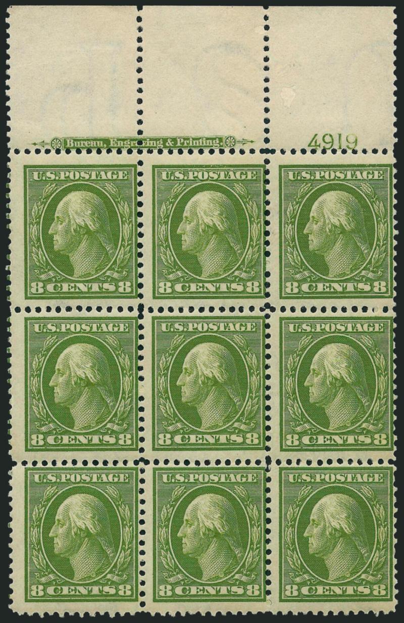 8c Olive Green (337).> Mint N.H. wide top imprint and plate no. 4919 block of nine, pretty shade, fresh and Fine, Scott Retail as Mint N.H. plate block and three Mint N.H. singles