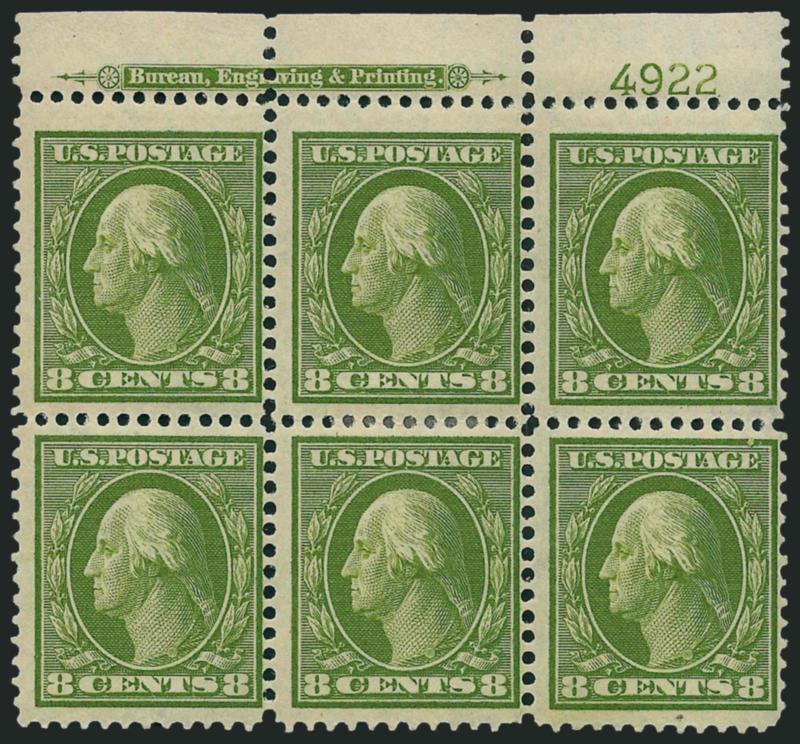 8c Olive Green (337).> Two items, top and bottom imprint and plate no. 4922 blocks of six, first h.r., second natural bend, bright colors, Fine-Very Fine