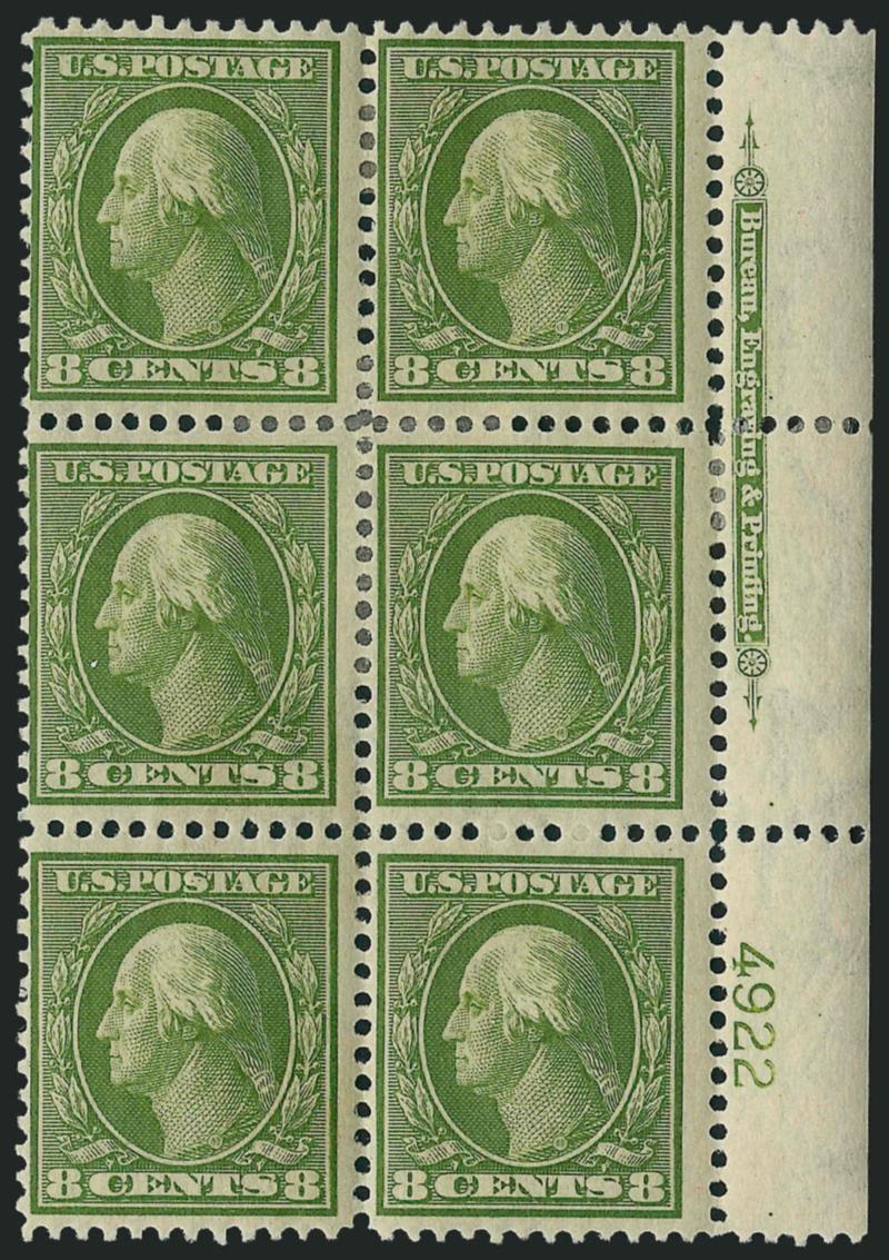8c Olive Green (337).> Two items, left and right imprint and plate no. 4922 blocks of six, bit heavy h.r., Fine-Very Fine