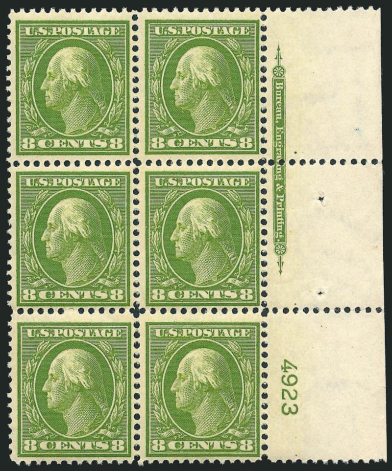 8c Olive Green (337).> Mint N.H. right imprint and plate no. 4923 block of six, rich color, Fine-Very Fine
