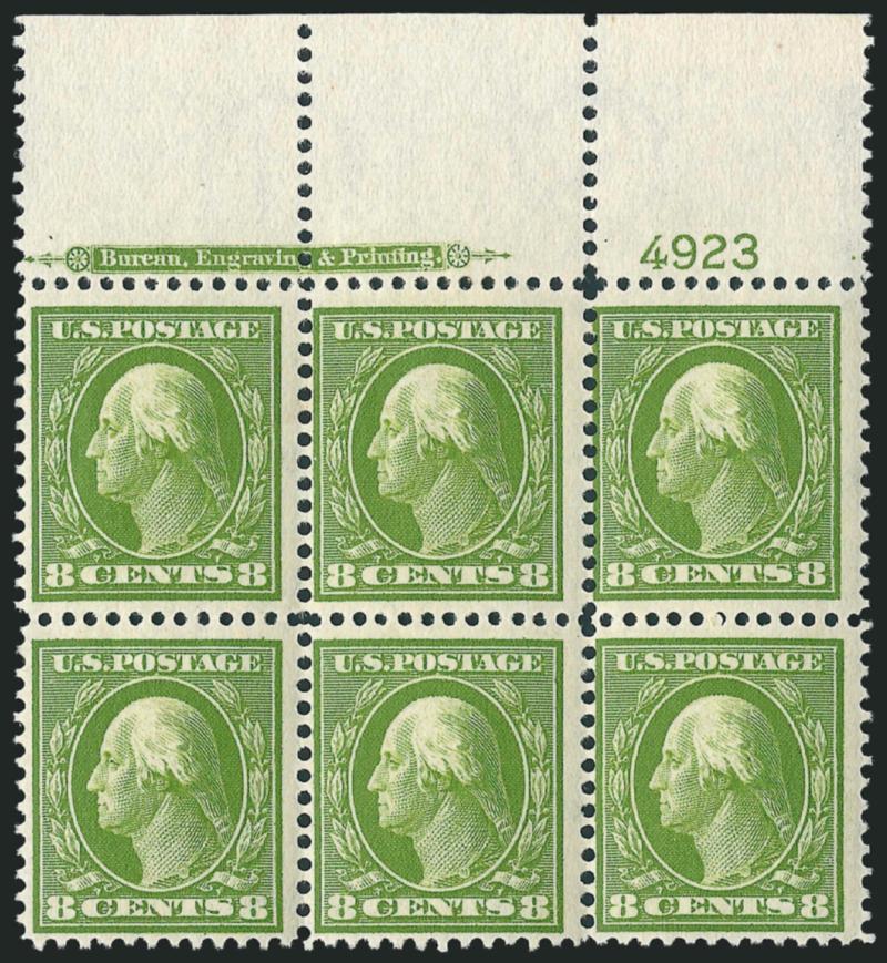 8c Olive Green (337).> Three items, top, left and bottom imprint and plate no. 4923 blocks of six, some h.r., some stamps Mint N.H., bright color, Fine-Very Fine