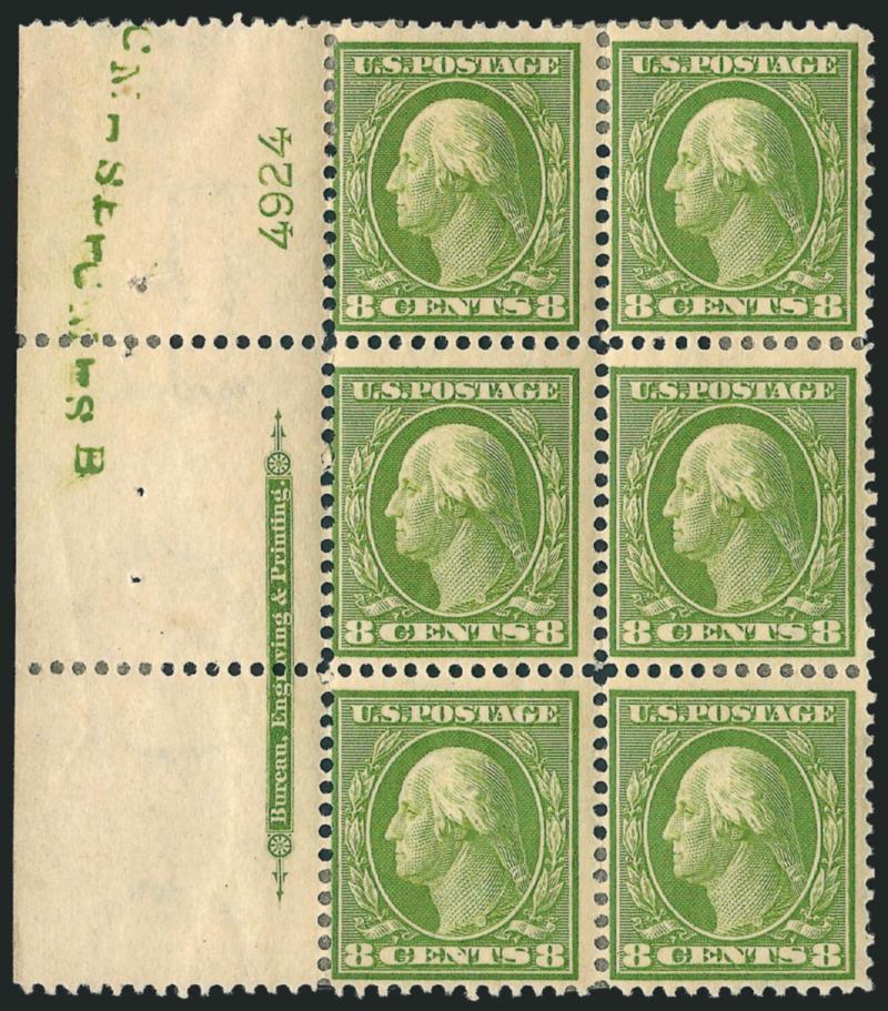 8c Olive Green (337).> Three items, bottom, left and right imprint and plate no. 4924 blocks, the left and bottom of six, the right of nine, many h.r., bottom block natural pre-printing paperfolds and paper
creases, otherwise Fine-Very Fine