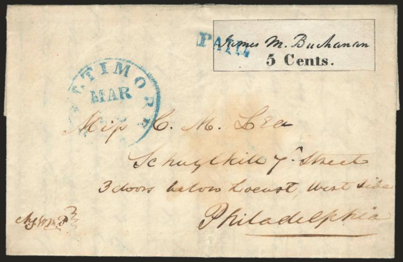 Baltimore Md., 5c Black (3X1).> Position 4, ample to large margins showing almost all of framelines on three sides, <without usual pen cancel and tied by well-struck blue Paid handstamp,> matching Baltimore Md.
Mar. 29 circular datestamp on 1847