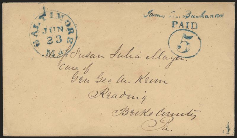 Baltimore Md., 5c Blue on Manila entire (3XU1).> Unusually clear strikes of provisional markings, matching Baltimore Md. Jun. 23 (1846) circular datestamp on entire to Miss Susan Julia Mayer in Reading
Pa.<><>^EXTREMELY FINE. A SUPERB EXAMPLE OF