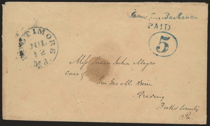 Baltimore Md., 5c Blue on Manila entire (3XU1).> Sharp strikes of provisional markings, blue Baltimore Md. Jul. 12 (1846) circular datestamp on entire addressed to Miss Susan Julia Mayer in Reading Pa.,
negligible wax seal stain at center<><>^EXT