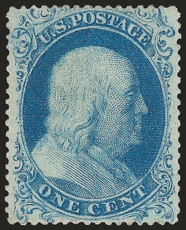 1c Blue, Ty. I (18).> Original gum, single hinge mark at top, choice centering with balanced margins, brilliant color, long and full perforations all around<><>^EXTREMELY FINE. A BEAUTIFUL ORIGINAL-GUM EXAMPLE
OF THE 1857 ONE-CENT TYPE I. A STAMP W