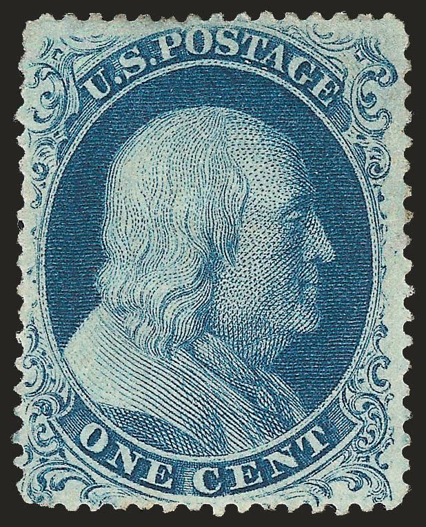 1c Blue, Ty. III (21).> Plate 4, original gum, h.r., rich color on bright paper<><>^VERY FINE. A SCARCE SOUND ORIGINAL-GUM EXAMPLE OF THE PERFORATED 1857 ONE-CENT TYPE III STAMP.^<><>This stamp was made from
Plate 4, which had narrow spacing betw