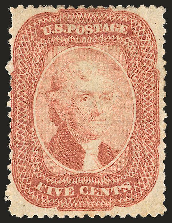 5c Brick Red (27).> Original gum, bright shade and very fresh, accompanying certificate notes lightly soiled at top, an opinion which we believe is not only harsh, but totally inaccurate<><>^VERY FINE. AN
EXTREMELY RARE ORIGINAL-GUM EXAMPLE OF TH