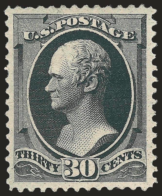 30c Full Black (190).> Original gum, lightly hinged, wide balanced margins and choice centering, intense impression<><>^EXTREMELY FINE GEM. A SUPERB EXAMPLE OF THE 1879 30-CENT AMERICAN BANK NOTE COMPANY
PRINTING. A NOTORIOUSLY DIFFICULT STAMP TO O