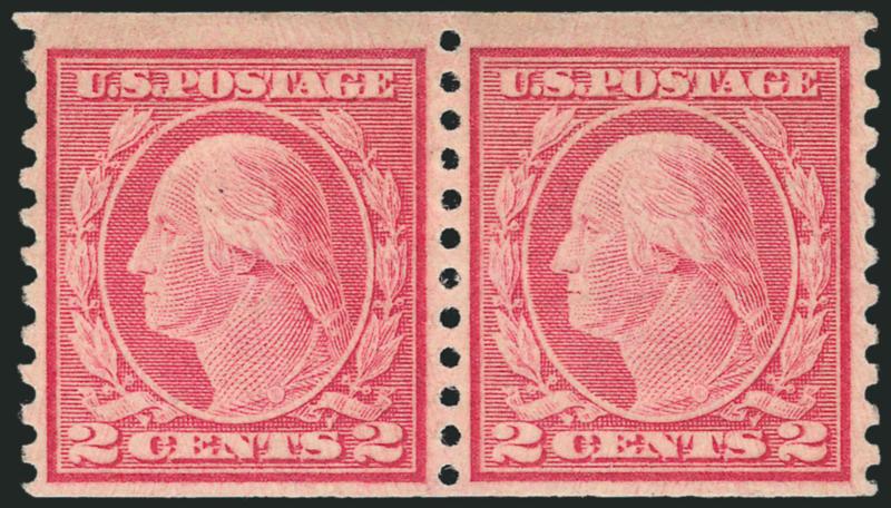 2c Carmine, Ty. II, Coil (491).> Pair, radiant color, margins ample to wide all around<><>^VERY FINE. A BEAUTIFUL AND SCARCE PAIR OF THE 2-CENT ROTARY TYPE II COIL.^<><>Unlike many other issues, the horizontal
coil is actually scarcer than the ve