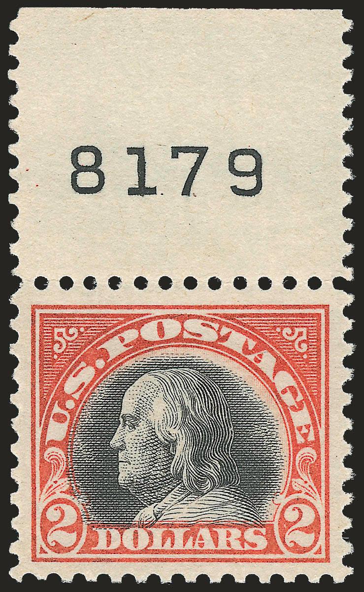$2.00 Orange Red & Black (523).> Mint N.H., top sheet margin with plate no. 8179, choice centering with wide margins<><>^EXTREMELY FINE GEM. A PRISTINE MINT NEVER-HINGED PLATE NUMBER SINGLE OF THE $2.00 ORANGE
RED & BLACK. RARE IN THIS CONDITION.^<