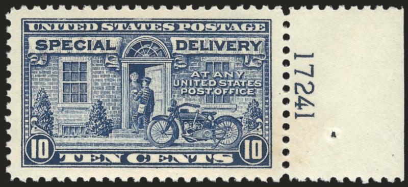 10c Deep Ultramarine, Special Delivery (E12a).> Mint N.H. with <plate no. 17241 in selvage> at right, intense shade and impression, choice centering with Jumbo margins, Extremely Fine Gem, with 2005 P.S.E.
certificate (XF-Superb 95 Jumbo SMQ $700.00
