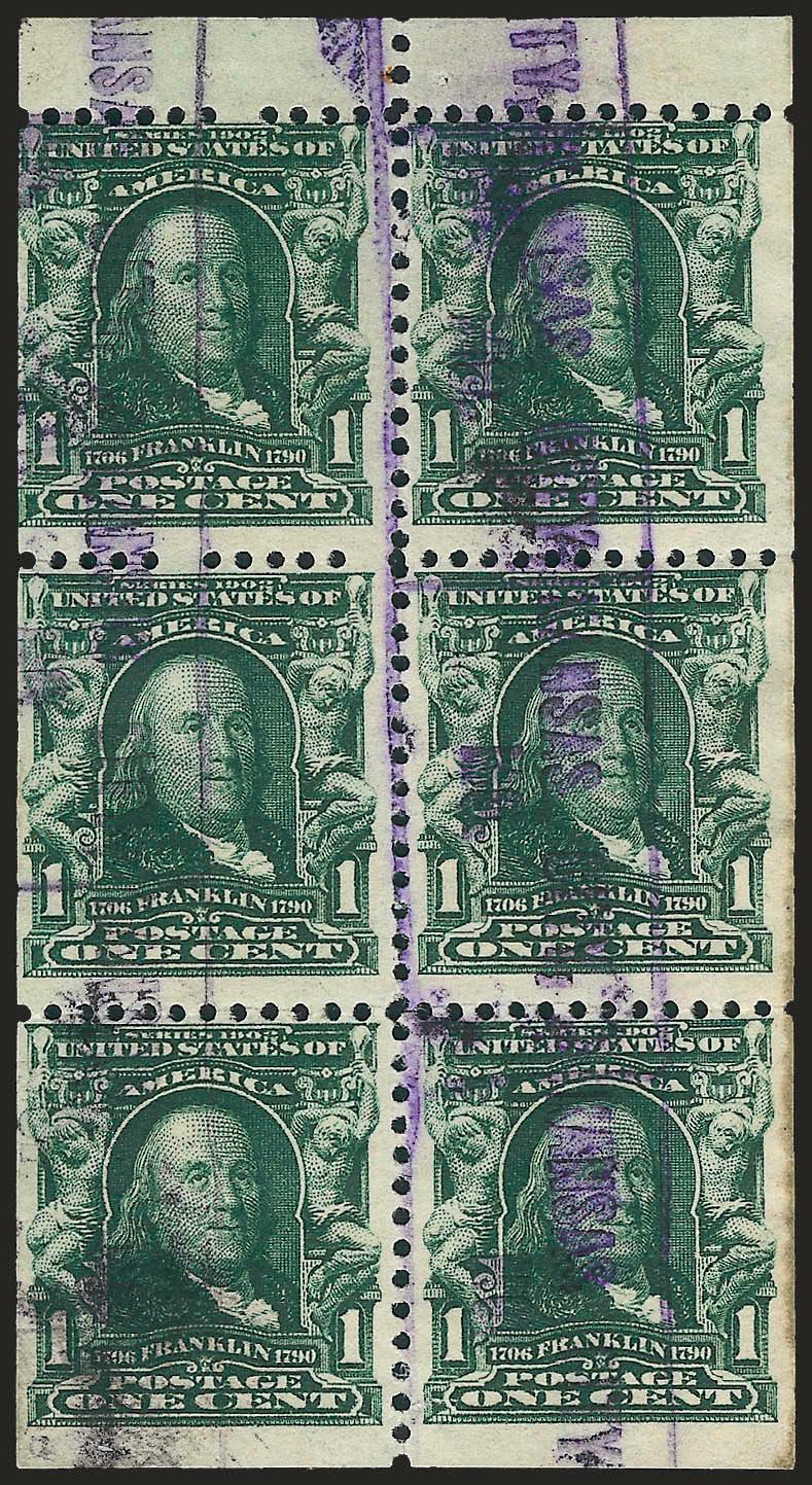 1c Blue Green, Booklet Pane of Six (300b).> Bright color, bold purple Kansas City Mo. parcel roller cancel, few expertly rejoined perf separations, slight soiling in right margin and tiny flaw at bottom (none
mentioned on accompanying certificate)<