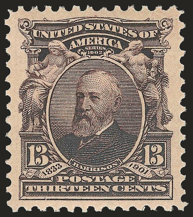 13c Purple Black (308).> Mint N.H., mathematically perfect centering amid unusually wide margins, gorgeous color and sharp impression<><>^EXTREMELY FINE GEM. A SUPERB EXAMPLE OF THE 13-CENT 1902 ISSUE WHICH HAS
BEEN AWARDED THE GRADE OF GEM 100 BY