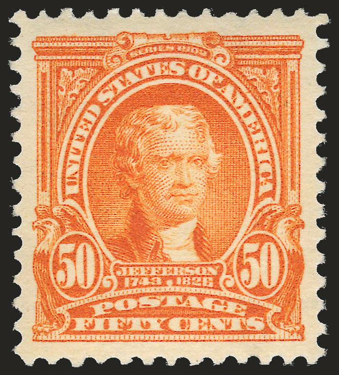 50c Orange (310).> Mint N.H., rich color and proof-like impression, unusually choice centering with Jumbo margins<><>^EXTREMELY FINE GEM. A SUPERB MINT NEVER-HINGED EXAMPLE OF THE 50-CENT 1902 ISSUE. THIS
MARVELOUS STAMP HAS BEEN GRADED XF-SUPERB 9