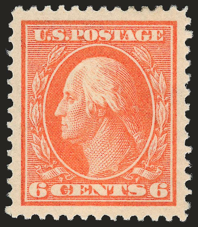 6c Red Orange (336).> Mint N.H., vibrant color as fresh as the day it was printed, perfectly centered with Jumbo margins, long and full perforations all around<><>^EXTREMELY FINE GEM. THIS MAGNIFICENT STAMP HAS
BEEN GRADED SUPERB 98 JUMBO BY P.S.E.