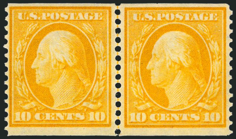 10c Yellow, Coil (356).> Guide line pair, single hinge mark at top center, intense shade and detailed impression, significantly better centering than usually found on this issue<><>^FINE-VERY FINE. A BEAUTIFUL
GUIDE LINE PAIR OF THE 10-CENT HORIZON