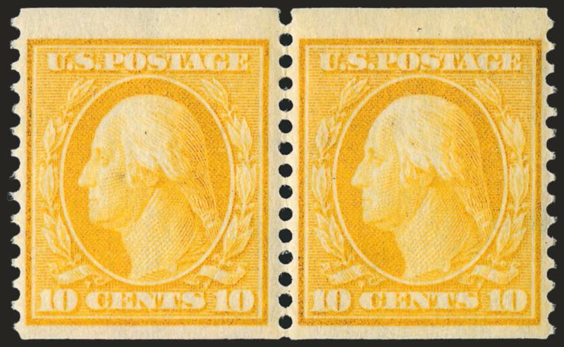 10c Yellow, Coil (356).> Pair, lightly hinged, radiant color as fresh as the day it was printed, wide margins, left stamp small natural inclusion not mentioned on accompanying certificate<><>^VERY FINE. AN
ATTRACTIVE ORIGINAL-GUM PAIR OF THE 10-CEN