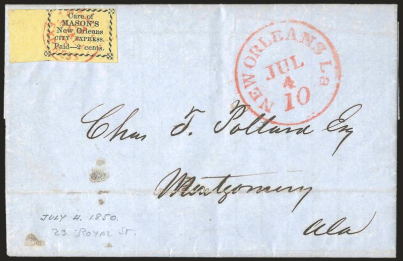 Masons New Orleans City Express, New Orleans La., 2c Black on Yellow (102L2).> Huge left sheet margin, large at right and bottom, slightly in along top frameline, cancelled by <red Masons Express 23 Royal St. in
small circle handstamp,> red New