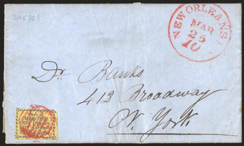 Masons New Orleans City Express, New Orleans La., 2c Black on Yellow (102L2).> Mostly large margins just barely in at corner ornaments, <tied by criss-crossed red circular grid cancels,> matching  Masons Express
23 Royal St. in small circle hands