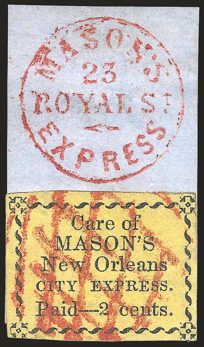 Masons New Orleans City Express, New Orleans La., 2c Black on Yellow (102L2).> Mostly large margins just touching corner ornaments, criss-crossed red grid cancel, affixed to a piece with red Masons Express 23
Royal St. small circle handstamp but