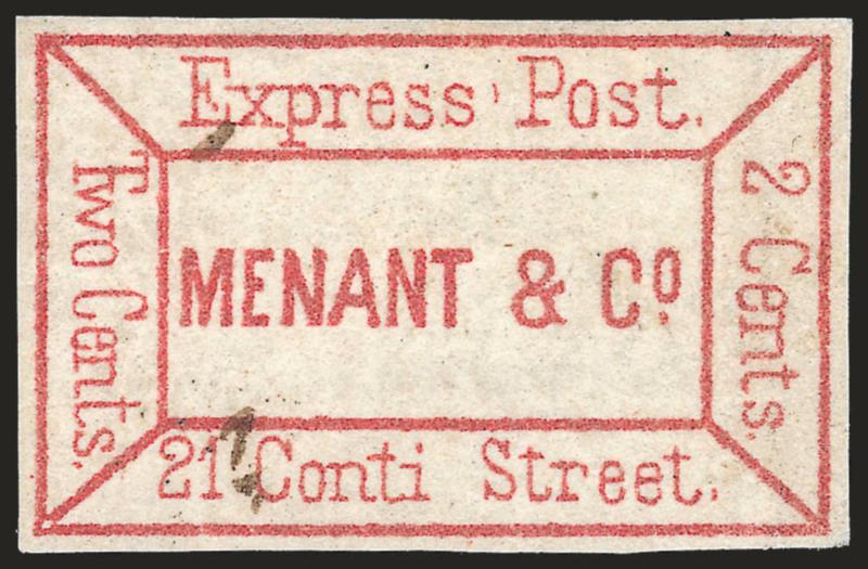 Menant & Co. Express Post, New Orleans La., 2c Dark Red (104L1).> Full margins all around, small thin spot and tiny pinhole at top right, small ms. marks which may or may not be related to use<><>^VERY FINE
APPEARANCE. ONE OF FOUR EXAMPLES OF THE M
