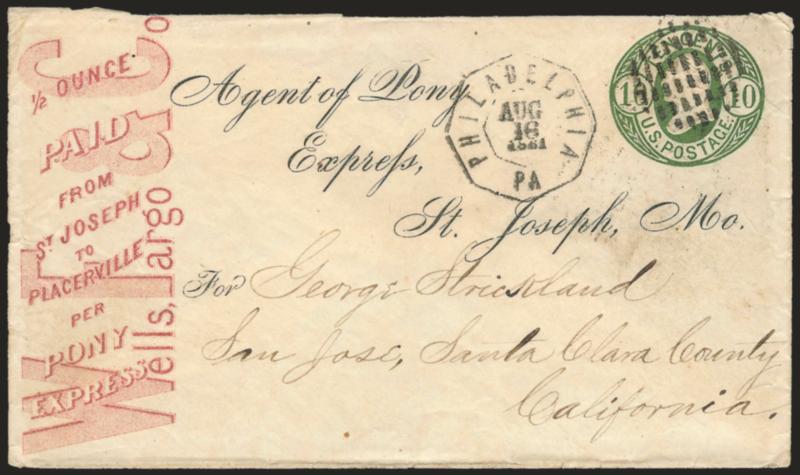 Wells, Fargo & Co. Pony Express, ($1.00) Red Type II East-to-West Frank, 10c Green on Thin Hard White Entire (unlisted in Scott).> Clearly struck Philadelphia Pa. Aug. 16, 1861 octagonal datestamp and dotted
cork cancel, printed address to the Age