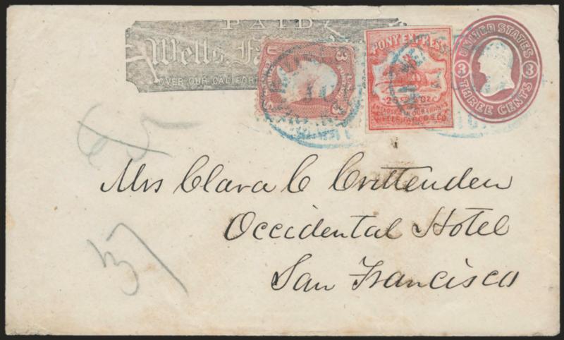 Wells, Fargo & Co., Virginia City Pony Express, 25c Red (143L9).> Large margins to well clear at right, used with <3c Rose (65)> on 3c Pink entire with Wells, Fargo & Co. printed frank, addressed to Clara C.
Crittenden in San Francisco, all stamps ti